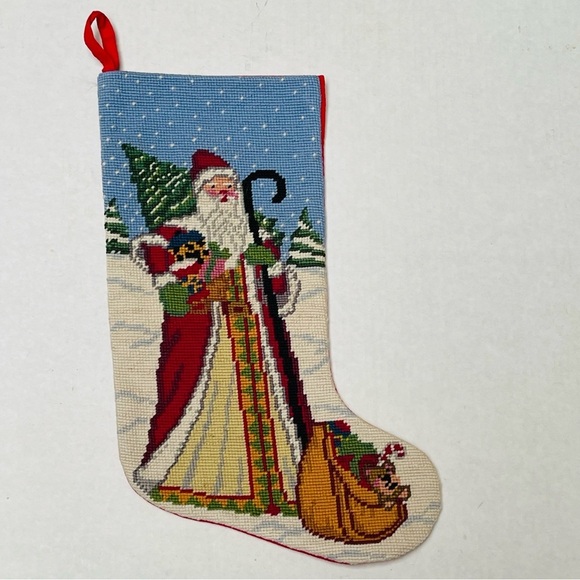 Handmade Needlepoint Santa Christmas Stocking Sack Tree Wool Cotton 18 Inches - Picture 1 of 5
